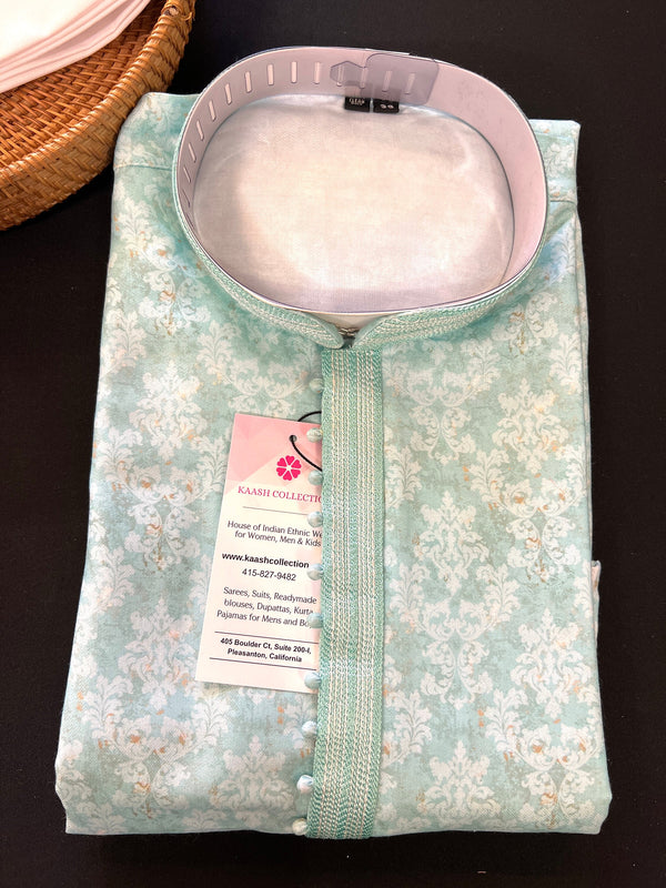 Pastel Sea Green Designer Kurta with Floral Digital Print in Soft Silk Material  | Floral Kurtas for Men | Pastel Color Mens Kurta