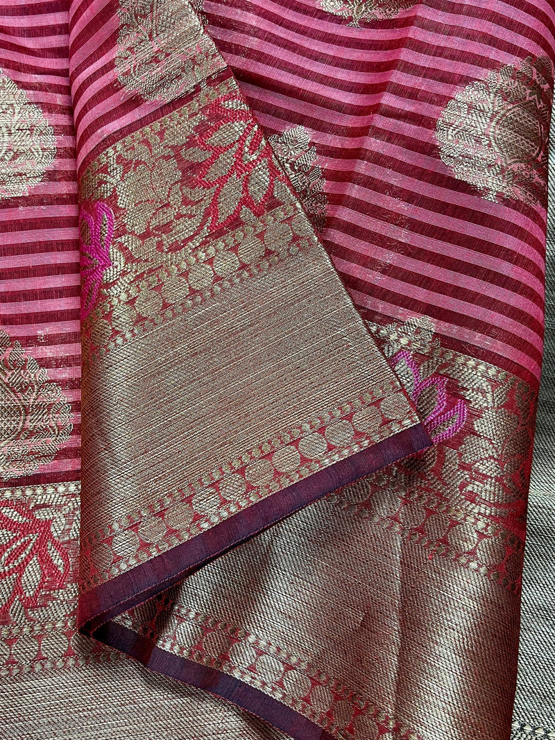 Handmade Dual Shade of Pink Maheshwari handloom Cotton Silk Saree with Antique Gold Zari Weave with Banarasi Borders | Stripe Saree