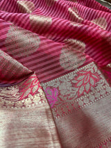 Handmade Dual Shade of Pink Maheshwari handloom Cotton Silk Saree with Antique Gold Zari Weave with Banarasi Borders | Stripe Saree