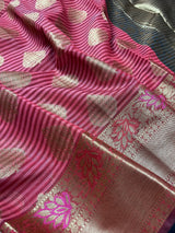 Handmade Dual Shade of Pink Maheshwari handloom Cotton Silk Saree with Antique Gold Zari Weave with Banarasi Borders | Stripe Saree