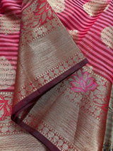 Handmade Dual Shade of Pink Maheshwari handloom Cotton Silk Saree with Antique Gold Zari Weave with Banarasi Borders | Stripe Saree