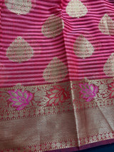 Handmade Dual Shade of Pink Maheshwari handloom Cotton Silk Saree with Antique Gold Zari Weave with Banarasi Borders | Stripe Saree