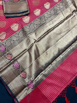 Handmade Dual Shade of Pink Maheshwari handloom Cotton Silk Saree with Antique Gold Zari Weave with Banarasi Borders | Stripe Saree