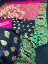 Black Saree with Green and Pink borders and Pallu | Banarasi Soft Silk Saree with Floral Buttas | Soft Silk Handloom Saree | Satin Borders