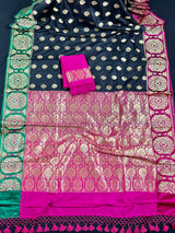 Black Saree with Green and Pink borders and Pallu | Banarasi Soft Silk Saree with Floral Buttas | Soft Silk Handloom Saree | Satin Borders