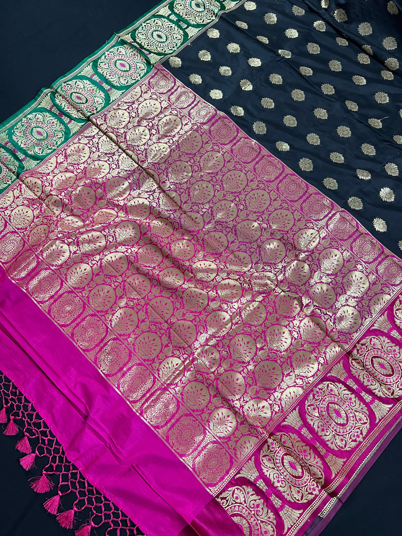 Black Saree with Green and Pink borders and Pallu | Banarasi Soft Silk Saree with Floral Buttas | Soft Silk Handloom Saree | Satin Borders