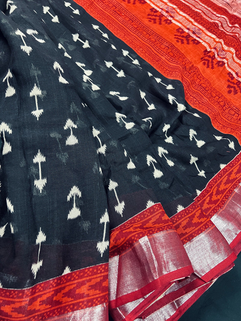 Black Color Pure Khaadi Cotton Linen Blend with Ikkat Pattern Prints and Sliver Zari  | Cotton and Linen Sarees | Indian Sarees for Gift