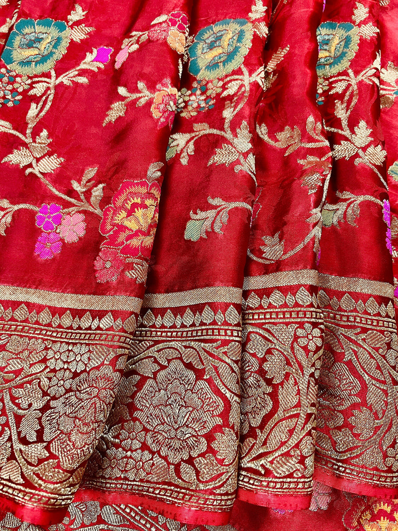 Statement Red Color Pure Satin Silk Saree with Handwoven Floral Meenakari Floral Jaal Weave | SILK MARK CERTIFIED