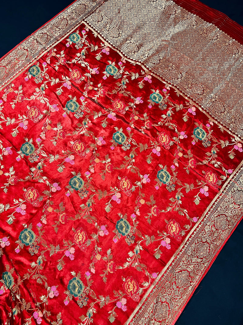 Statement Red Color Pure Satin Silk Saree with Handwoven Floral Meenakari Floral Jaal Weave | SILK MARK CERTIFIED