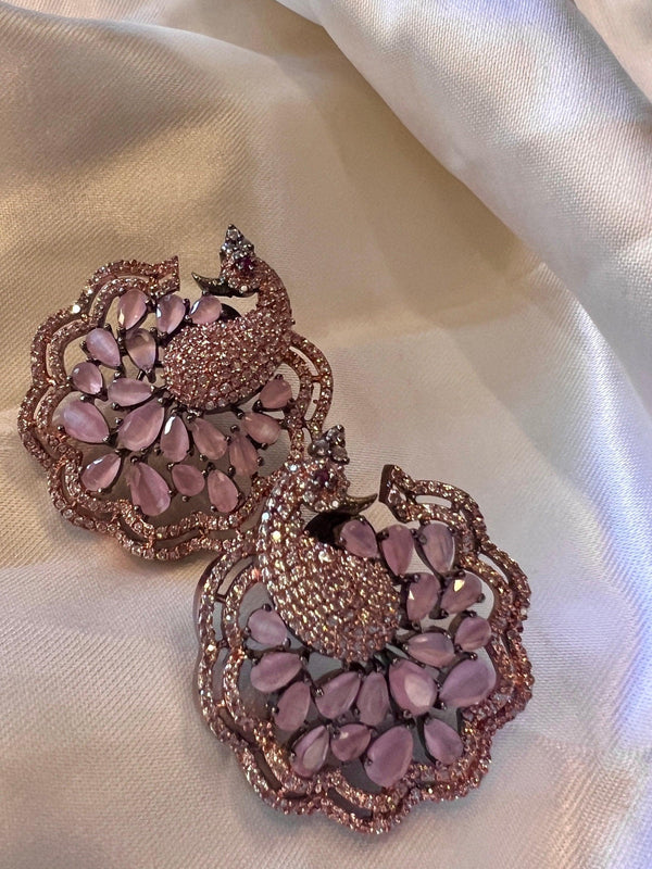 Statement Peacock Victorian Style Black Polish Earring with Baby Pink Water Stones | Peacock design with AD Stones - Kaash