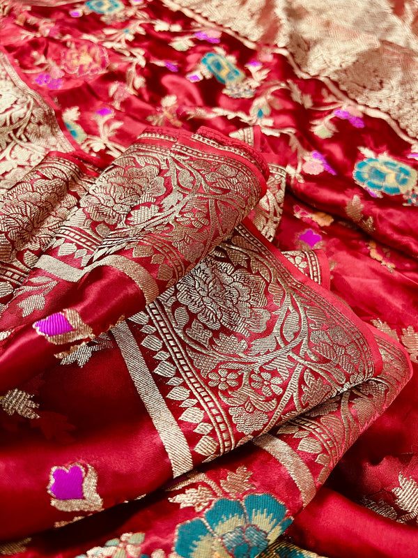 Statement Red Color Pure Satin Silk Saree with Handwoven Floral Meenakari Floral Jaal Weave | SILK MARK CERTIFIED