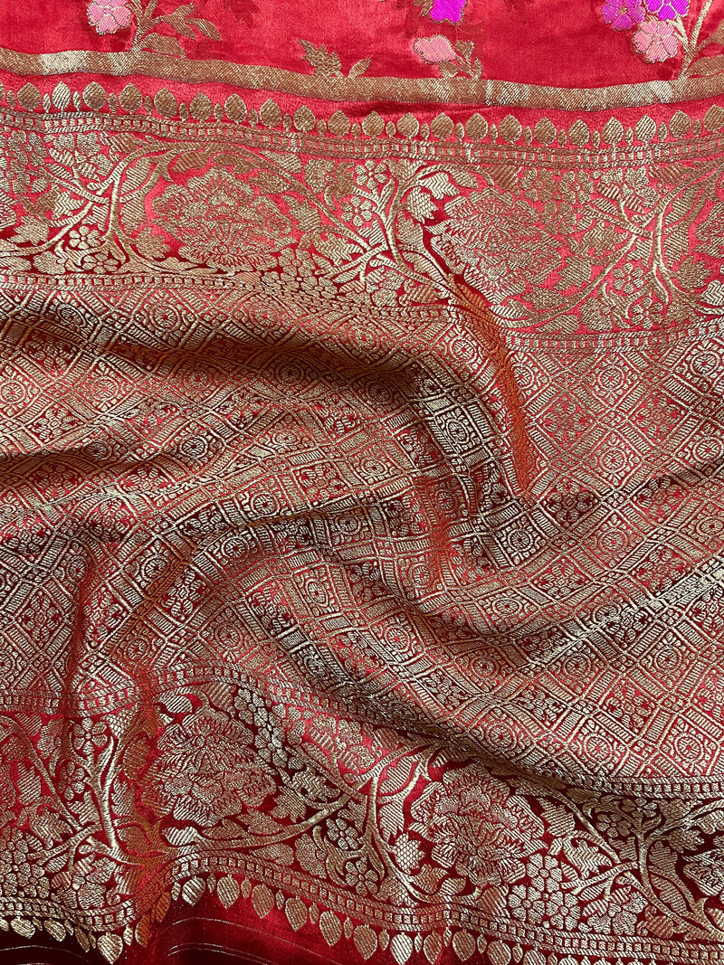 Statement Red Color Pure Satin Silk Saree with Handwoven Floral Meenakari Floral Jaal Weave | SILK MARK CERTIFIED