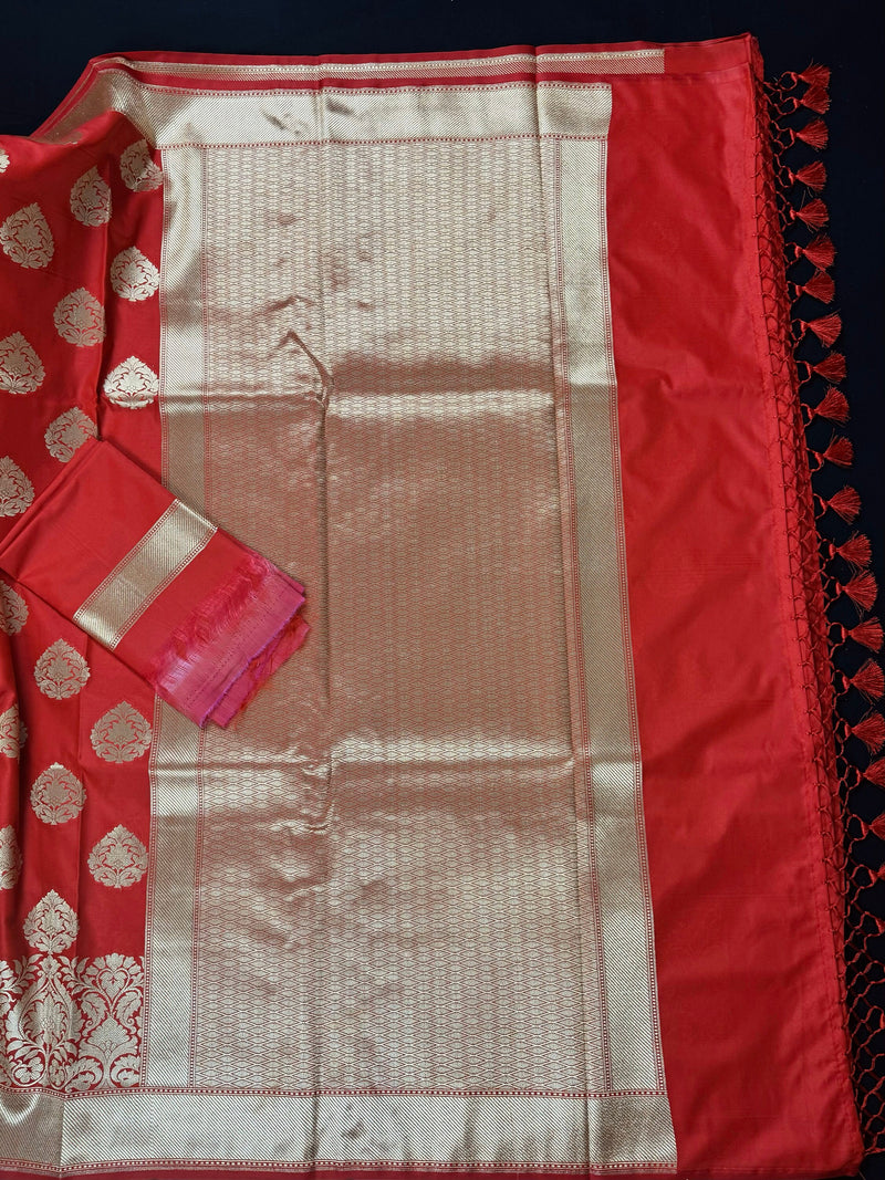 Red Traditional Banarasi Handloom Saree in Banarasi Silk with Gold Zari Weaving |  Gold Zari Buttas - Grand Pallu | Banarasi Sarees