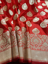 Red Traditional Banarasi Handloom Saree in Banarasi Silk with Gold Zari Weaving |  Gold Zari Buttas - Grand Pallu | Banarasi Sarees
