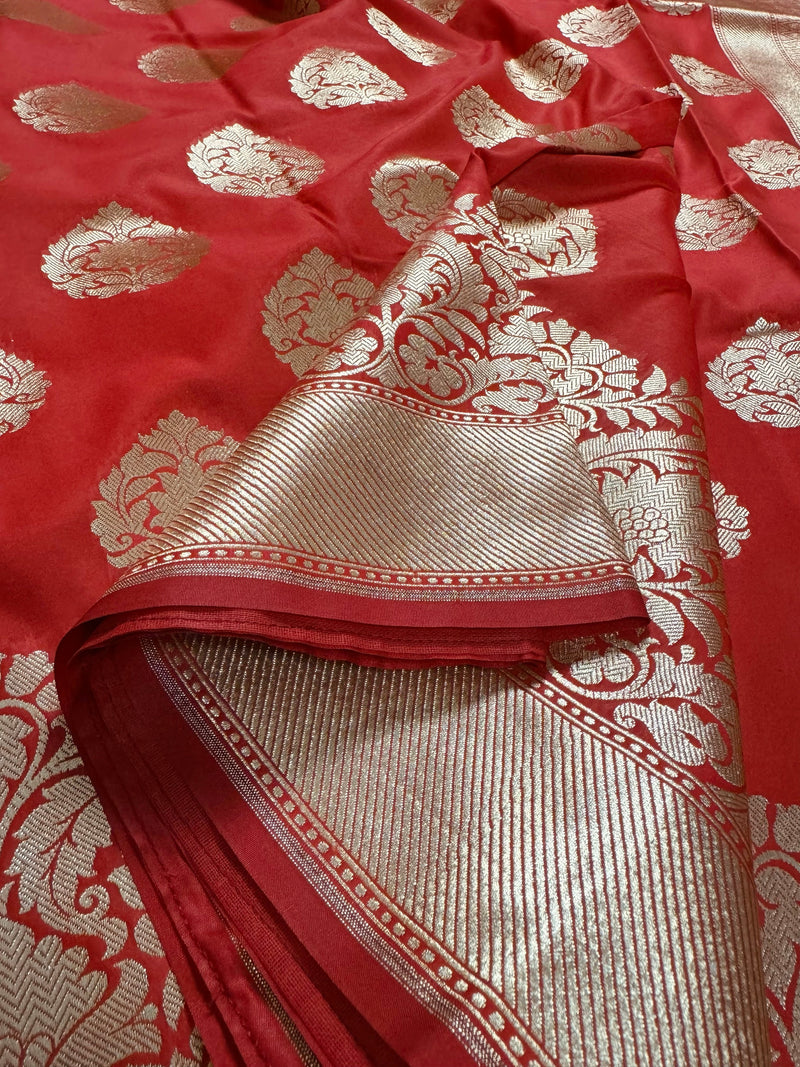 Red Traditional Banarasi Handloom Saree in Banarasi Silk with Gold Zari Weaving |  Gold Zari Buttas - Grand Pallu | Banarasi Sarees