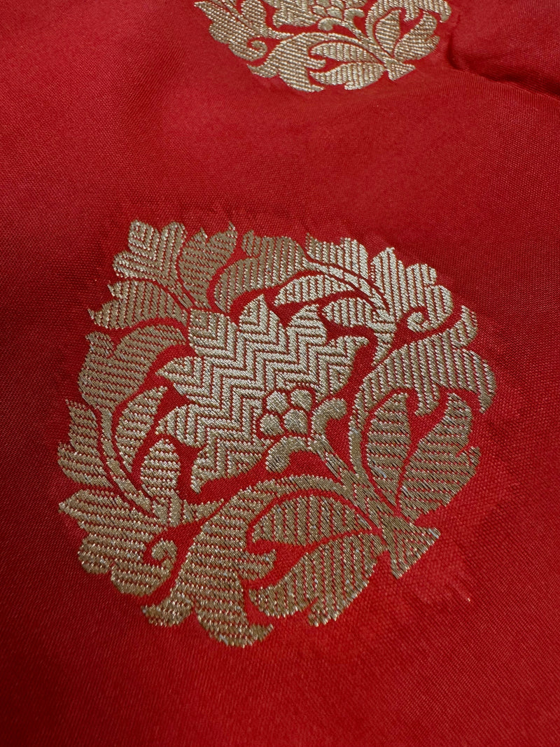 Red Traditional Banarasi Handloom Saree in Banarasi Silk with Gold Zari Weaving |  Gold Zari Buttas - Grand Pallu | Banarasi Sarees