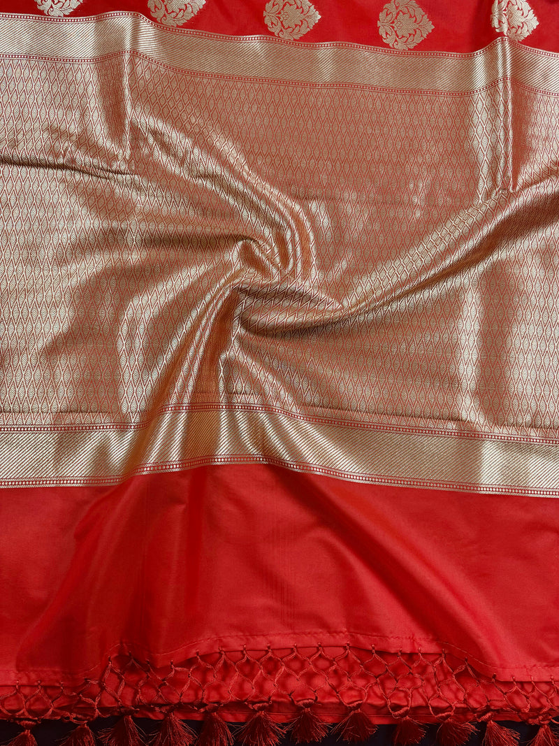 Red Traditional Banarasi Handloom Saree in Banarasi Silk with Gold Zari Weaving |  Gold Zari Buttas - Grand Pallu | Banarasi Sarees
