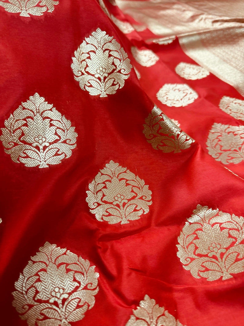 Red Traditional Banarasi Handloom Saree in Banarasi Silk with Gold Zari Weaving |  Gold Zari Buttas - Grand Pallu | Banarasi Sarees