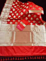 Red Traditional Banarasi Handloom Saree in Banarasi Silk with Gold Zari Weaving |  Gold Zari Buttas - Grand Pallu | Banarasi Sarees