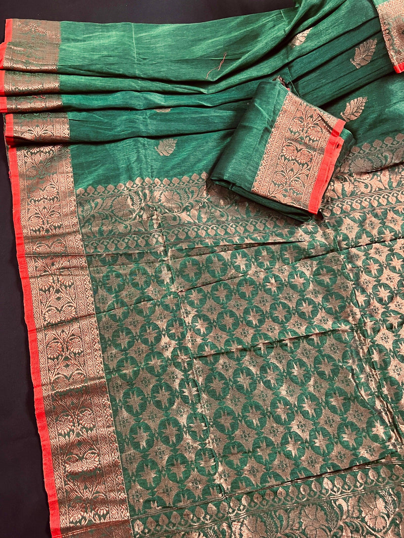 Bottle Green Color Handloom Linen Silk Saree with Red Borders and Cooper Zari Weaving | Linen Saree | Handwoven Sarees - Kaash