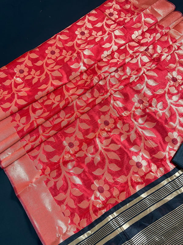 Red and Black Color Handloom Linen Jamdani Silk Saree with Striped Borders | Gold Zari Weaving  | Linen Saree  | Jamdani Sarees