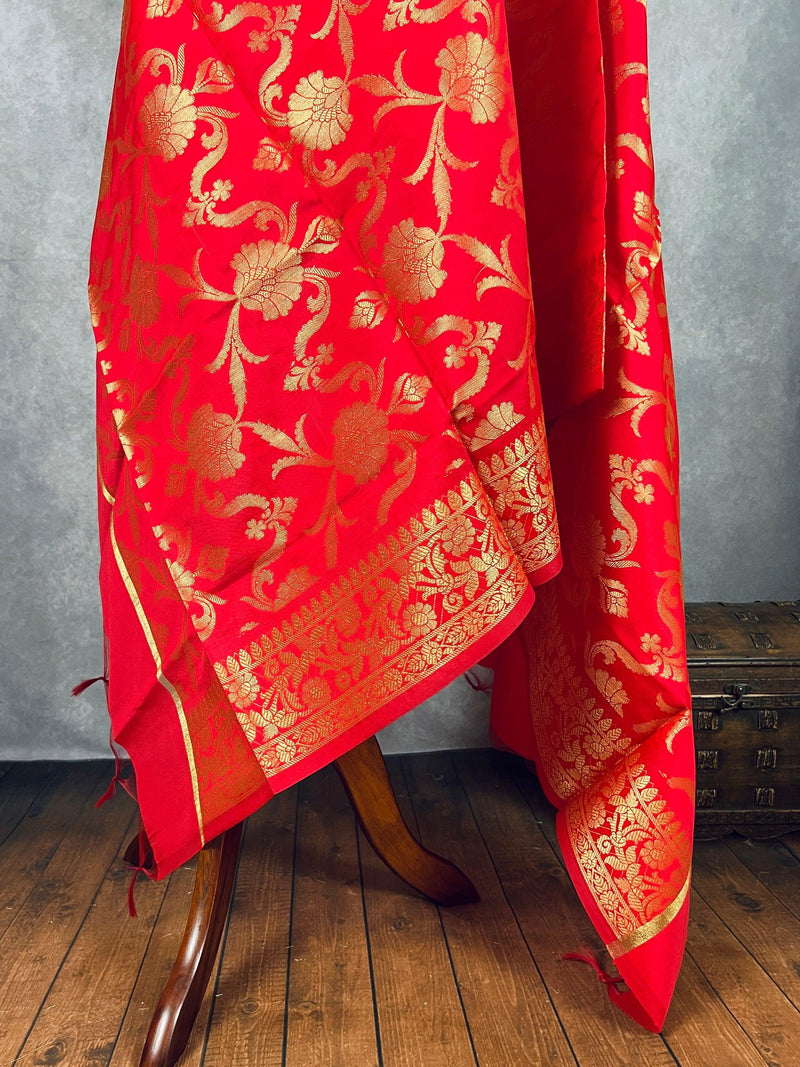 Red Color Floral Banarasi Soft Silk Dupatta with Gold Zari Weaving | Handmade Dupattas | Banarasi Soft Silk Dupattas | Dupatta for Lehenga - Kaash