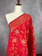 Red Color Floral Banarasi Soft Silk Dupatta with Gold Zari Weaving | Handmade Dupattas | Banarasi Soft Silk Dupattas | Dupatta for Lehenga - Kaash