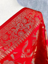 Red Color Floral Banarasi Soft Silk Dupatta with Gold Zari Weaving | Handmade Dupattas | Banarasi Soft Silk Dupattas | Dupatta for Lehenga - Kaash