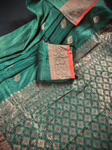 Bottle Green Color Handloom Linen Silk Saree with Red Borders and Cooper Zari Weaving | Linen Saree | Handwoven Sarees - Kaash