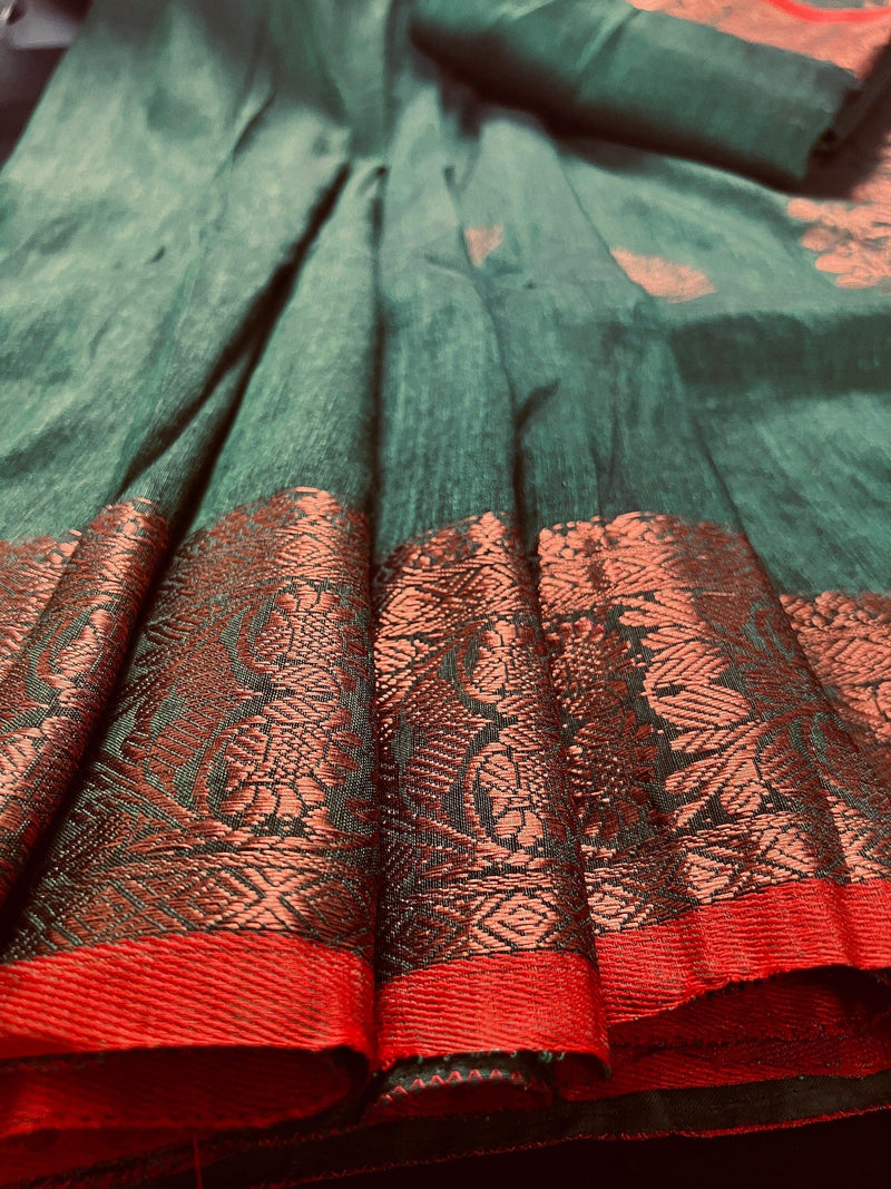 Bottle Green Color Handloom Linen Silk Saree with Red Borders and Cooper Zari Weaving | Linen Saree | Handwoven Sarees - Kaash