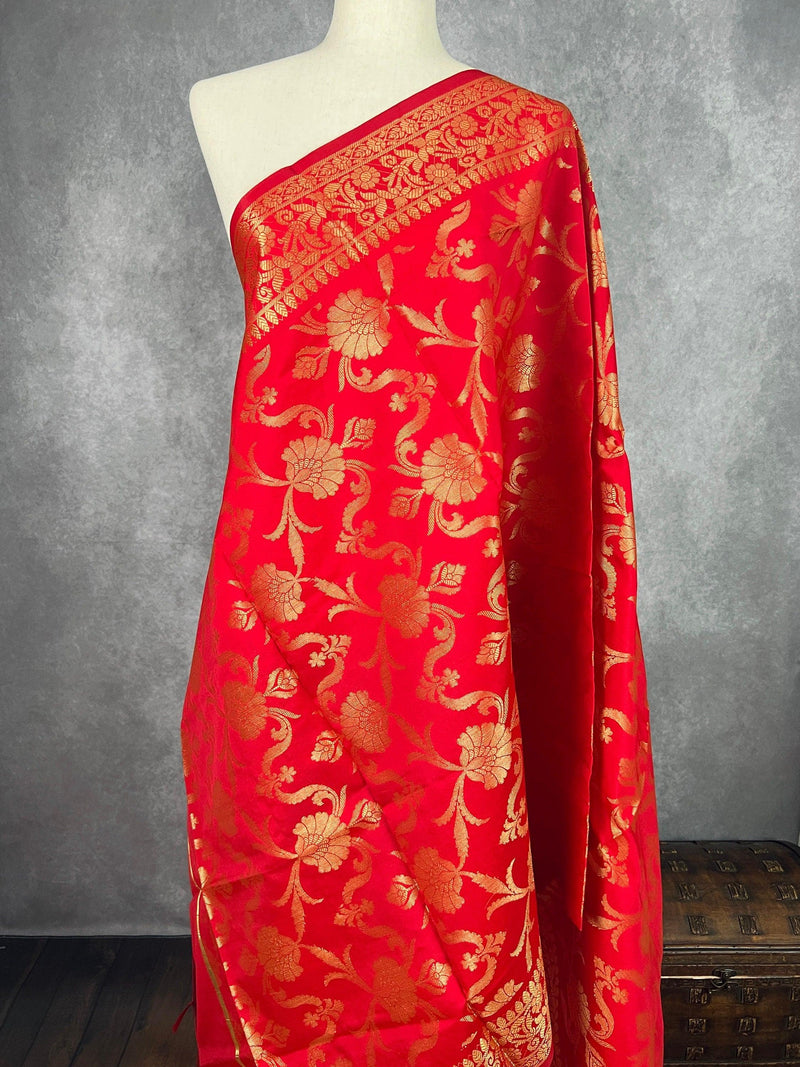 Red Color Floral Banarasi Soft Silk Dupatta with Gold Zari Weaving | Handmade Dupattas | Banarasi Soft Silk Dupattas | Dupatta for Lehenga - Kaash