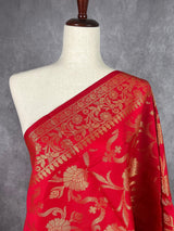 Red Color Floral Banarasi Soft Silk Dupatta with Gold Zari Weaving | Handmade Dupattas | Banarasi Soft Silk Dupattas | Dupatta for Lehenga - Kaash