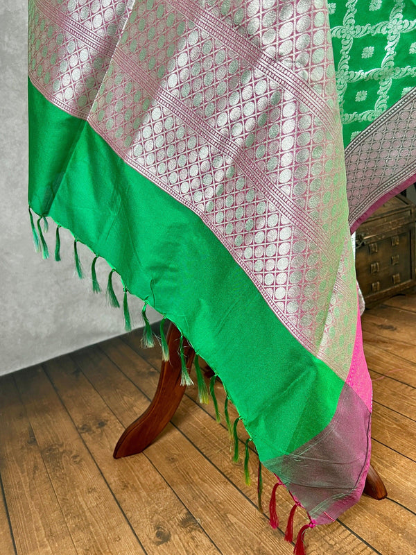 Green and Pink Handmade Soft Silk Zari Weaved Dupatta with Sliver Zari Weave | Indian Dupatta | Stole | Scarf | Gift For Her | Chunari - Kaash