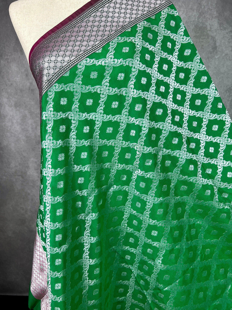 Green and Pink Handmade Soft Silk Zari Weaved Dupatta with Sliver Zari Weave | Indian Dupatta | Stole | Scarf | Gift For Her | Chunari - Kaash