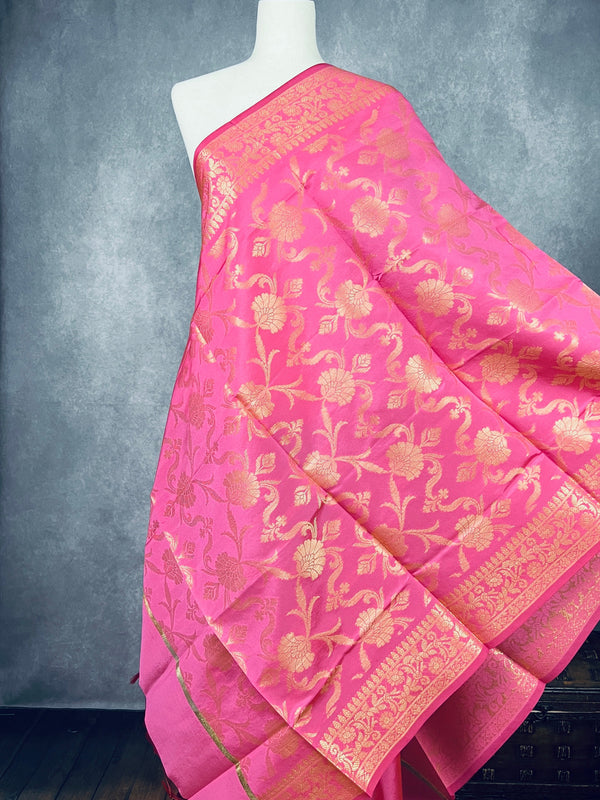 Rose Pink Banarasi Silk Designer Dupatta  with Floral Jaal | Light Weight Dupatta  | Stole | Scarf | Benarasi Dupatta | Gift For Her