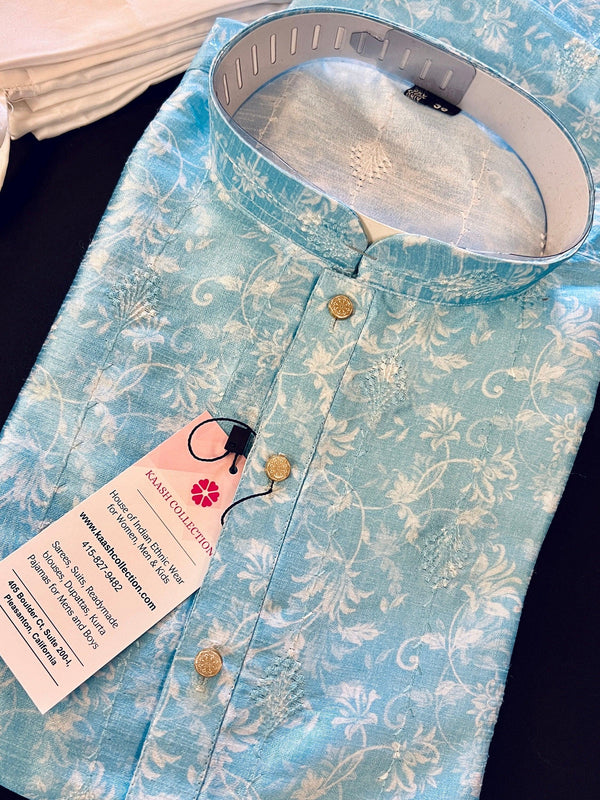 Sky Blue Color Raw Butter Silk Men Kurta Pajama | Floral Digital Prints | Embroidery and Light Sequin Work | Mens Party and Wedding Wear - Kaash