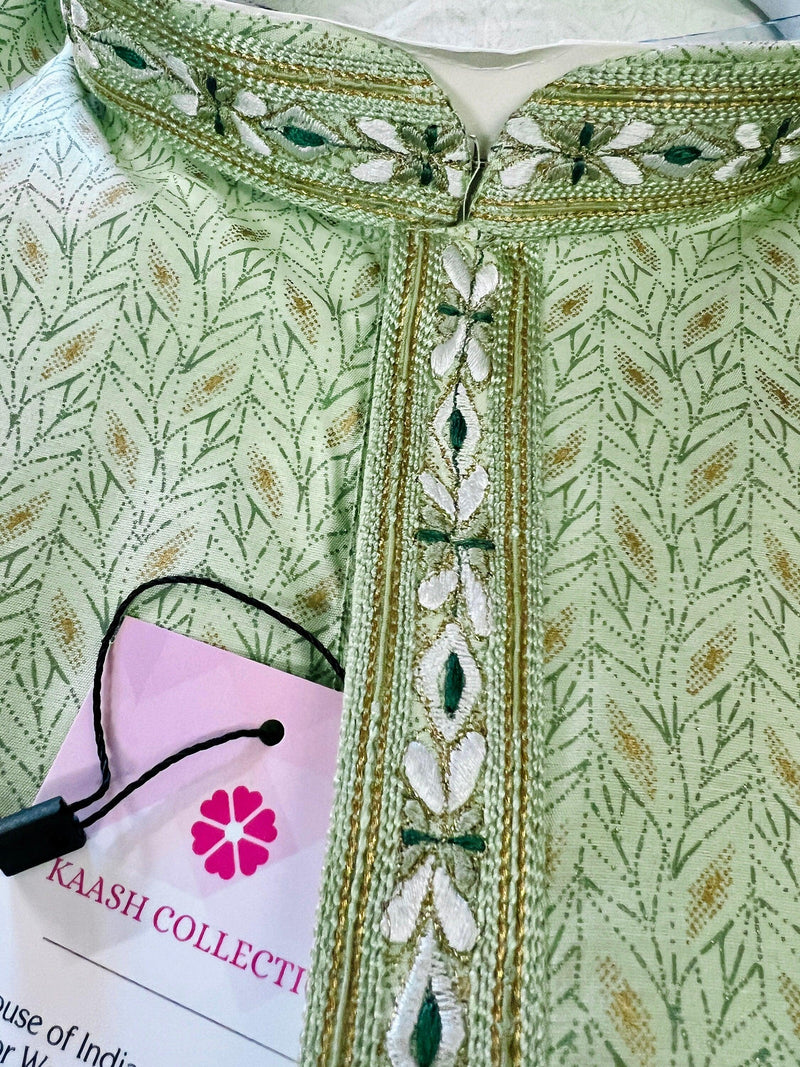 Pista Green Soft Silk Men Kurta Pajama Set with Hand Embroidery on the Neckline | Wedding Kurta for Men | Party Wear Kurta | Gift For Him - Kaash