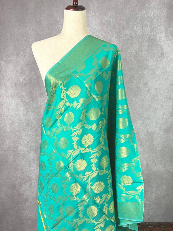 Sea Green Floral Jaal Muted Gold Zari Weaved Dupatta | Floral Silk Dupatta | Zari Work | Dupatta | Stole | Scarf | Dupattas for Gifts - Kaash