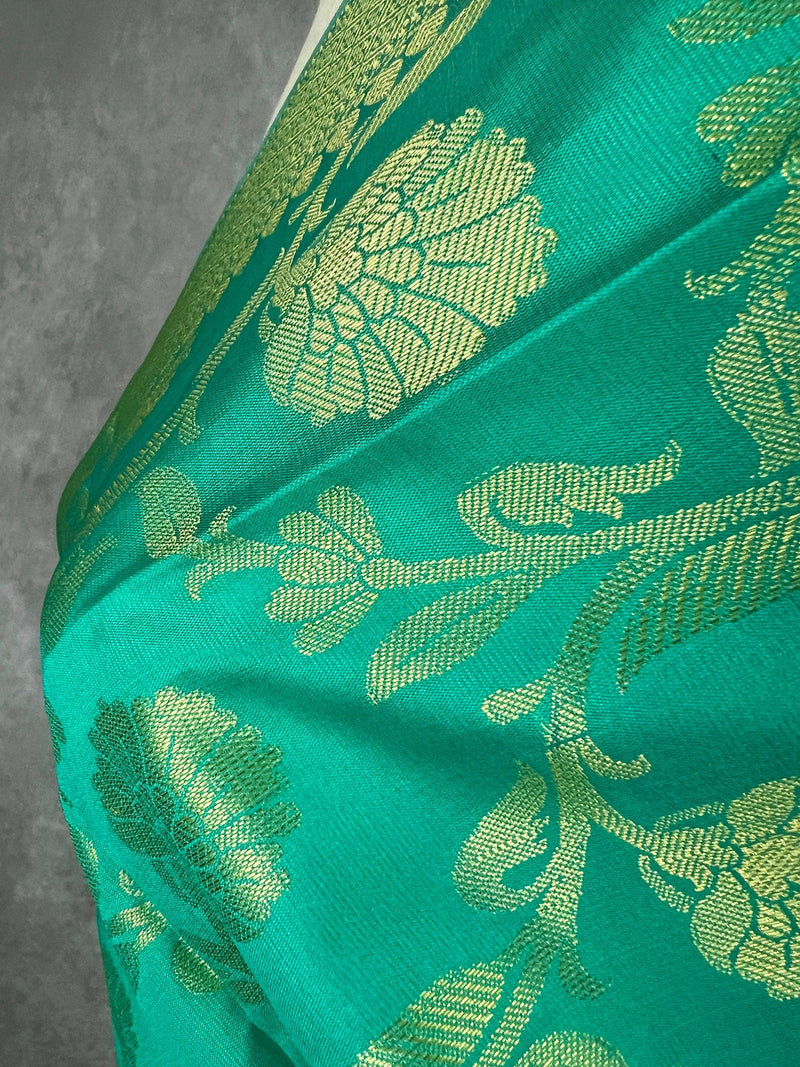 Sea Green Floral Jaal Muted Gold Zari Weaved Dupatta | Floral Silk Dupatta | Zari Work | Dupatta | Stole | Scarf | Dupattas for Gifts - Kaash