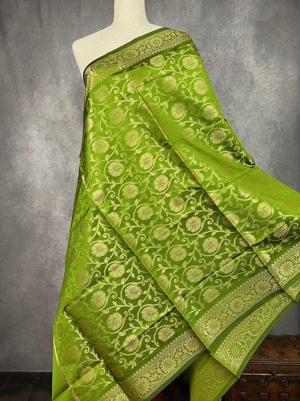 Mehndi Green Floral Jaal Muted Gold Zari Weaved Dupatta | Floral Silk Dupatta | Zari Work | Dupatta | Stole | Scarf | Dupattas for Gifts - Kaash