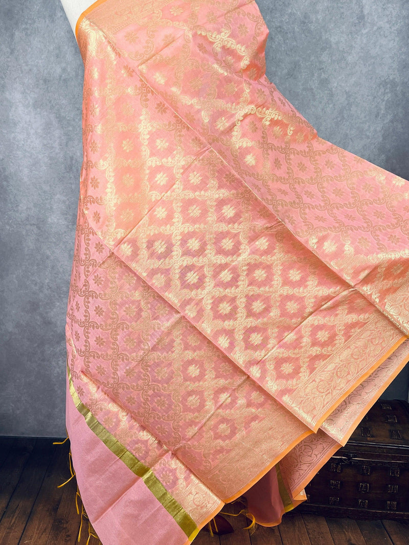 Pastel Baby Pink Benarasi Handwoven Semi Silk Dupatta with Muted Gold Zari Floral Jaal Weaving | Dupatta | Stole | Dupattas for Wedding - Kaash