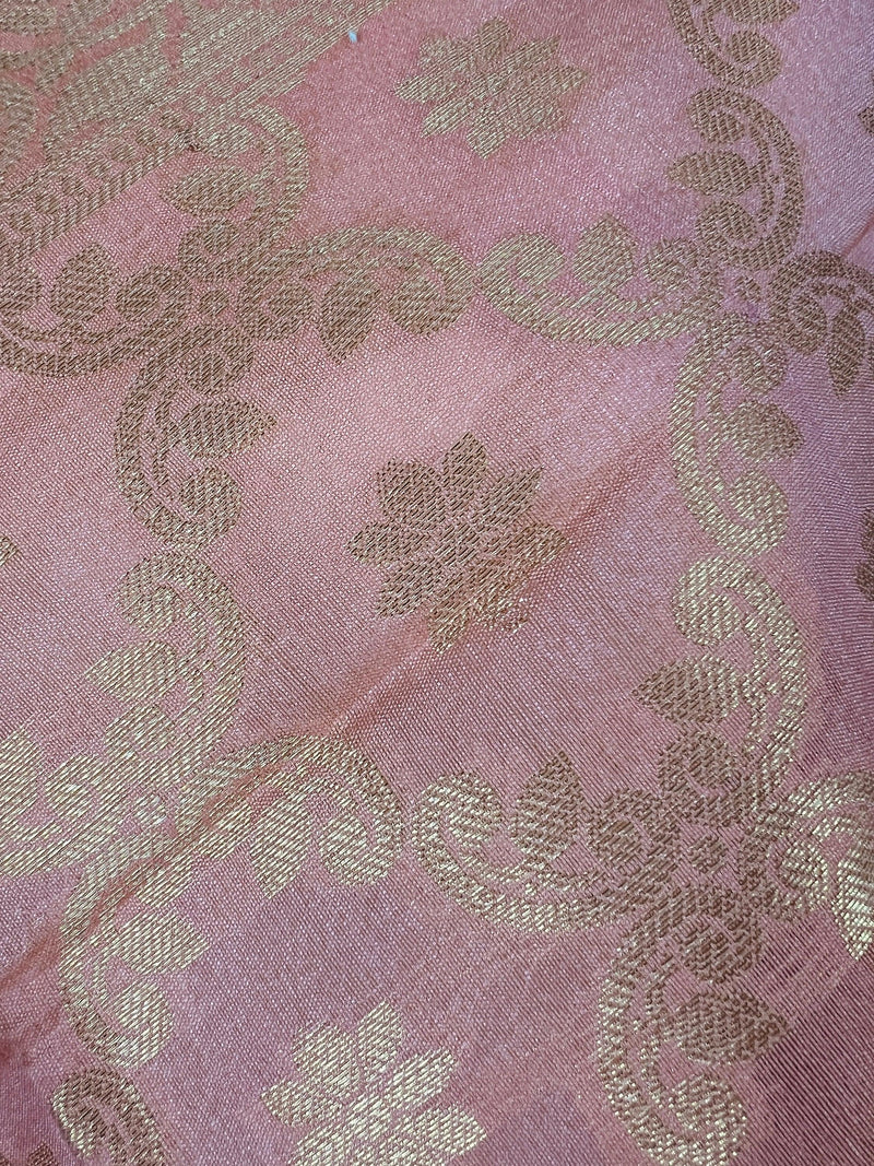 Pastel Baby Pink Benarasi Handwoven Semi Silk Dupatta with Muted Gold Zari Floral Jaal Weaving | Dupatta | Stole | Dupattas for Wedding - Kaash