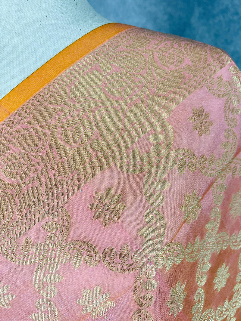 Pastel Baby Pink Benarasi Handwoven Semi Silk Dupatta with Muted Gold Zari Floral Jaal Weaving | Dupatta | Stole | Dupattas for Wedding - Kaash