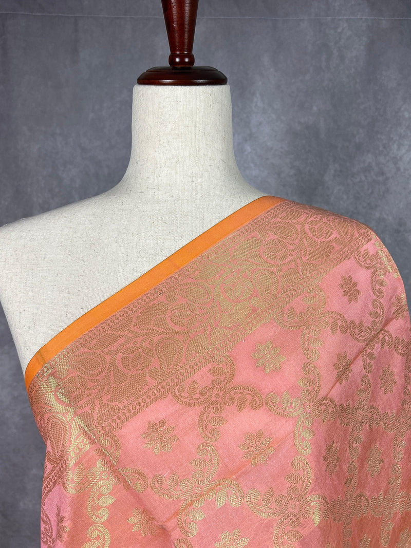 Pastel Baby Pink Benarasi Handwoven Semi Silk Dupatta with Muted Gold Zari Floral Jaal Weaving | Dupatta | Stole | Dupattas for Wedding - Kaash