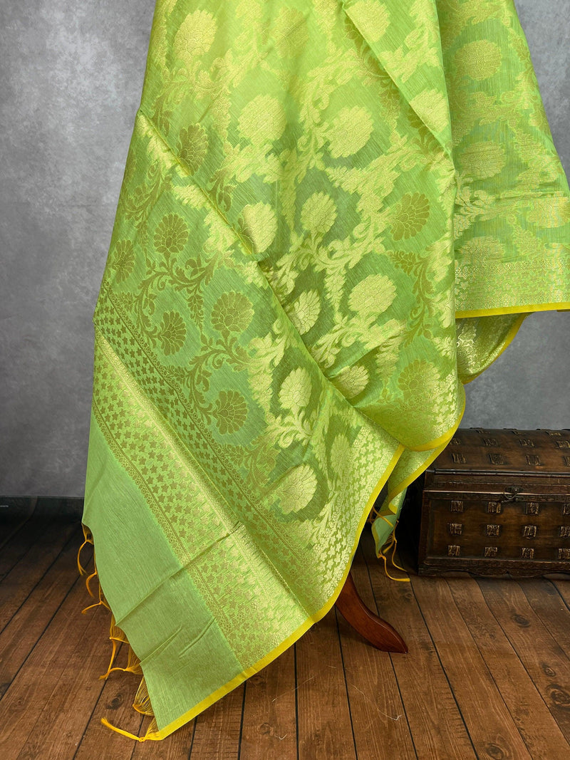 Pastel Light Green Color Benarasi Handwoven Semi Silk Dupatta with Muted Gold Zari Weaving | Dupatta | Stole | Scarf | Dupattas for Wedding - Kaash