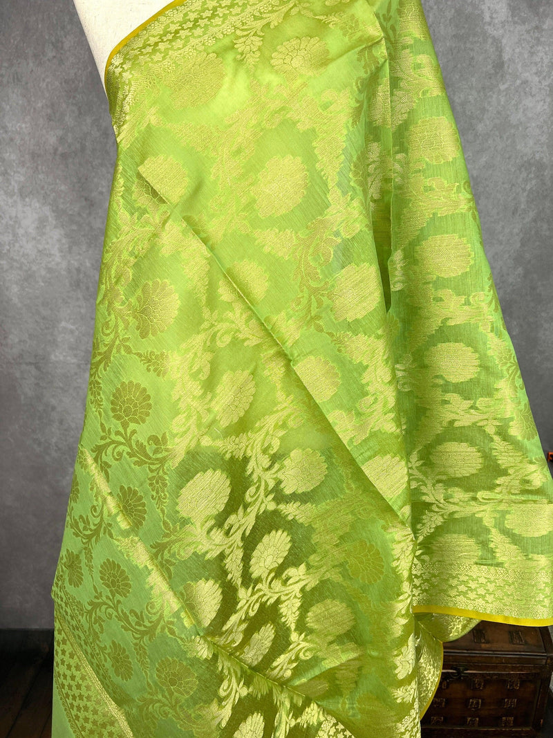 Pastel Light Green Color Benarasi Handwoven Semi Silk Dupatta with Muted Gold Zari Weaving | Dupatta | Stole | Scarf | Dupattas for Wedding - Kaash