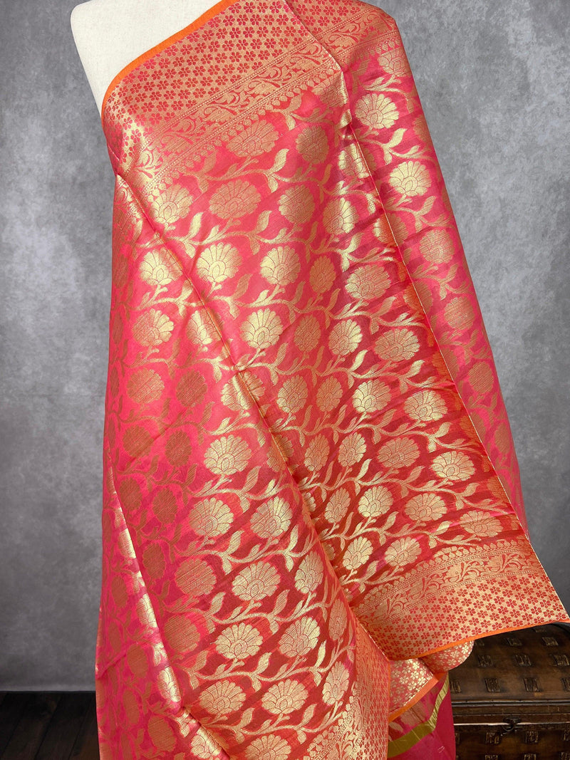 Dark Peach Color Banarasi Silk Dupatta with Muted Gold Zari Weaved Cotton Silk Dupatta | Light Weight Dupatta| Benarasi Dupatta - Kaash