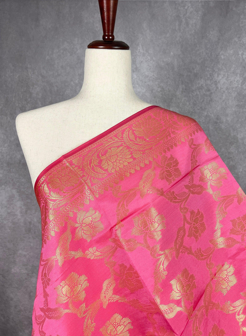 Pink Banarasi Floral Soft Silk dupatta with Muted Gold Zari Weaving | Light Weight Dupatta | Silk Dupatta | Stole | Gift For Her - Kaash