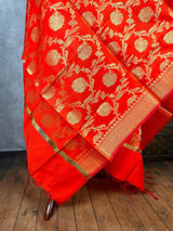 Red Color Banarasi Silk Dupatta with Flower and Jaal | Zari Weaved Dupatta | Floral Pattern Dupatta | Stole | Dupattas for Gifting - Kaash