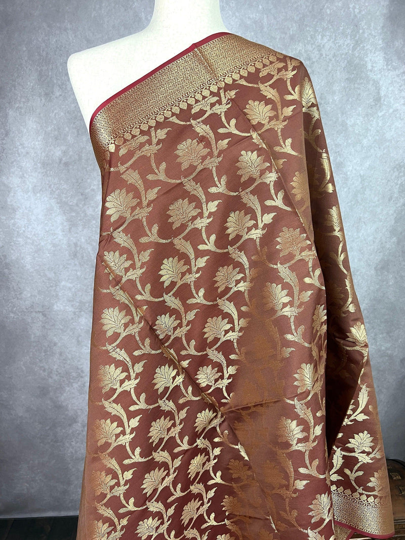 Chocolate Brown Color Floral Jaal Muted Gold Zari Weaved Dupatta | Floral Silk Dupatta | Dupatta | Stole | Scarf | Dupattas for Gift - Kaash